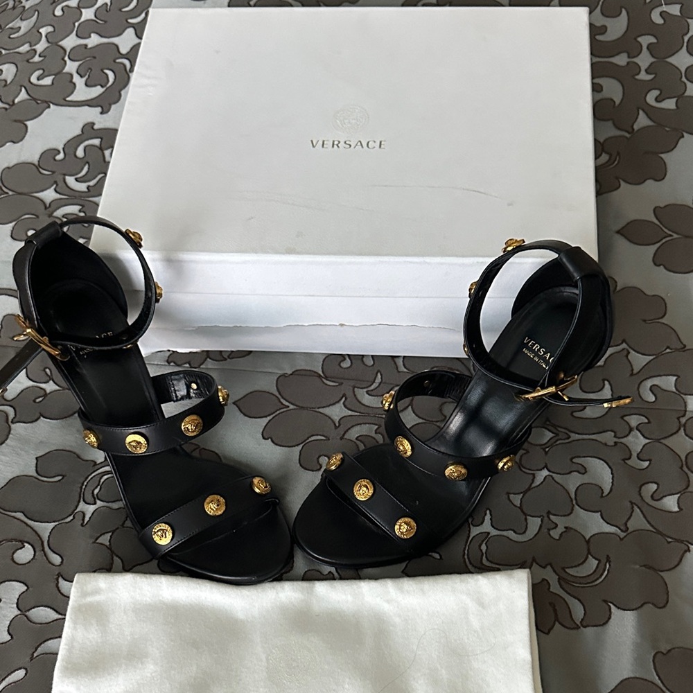 Versace Black Heels with Gold Medallions